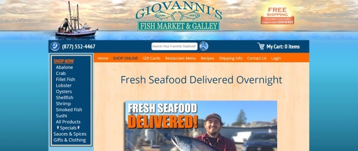 This screenshot of the home page for Giovanni's Fish Market has a background with a fishing boat on the ocean at sunset behind a blue and green logo, a blue search bar, a blue category list down the left side of the page, an orange navigation bar with blue and white text, and a section with a background with the appearance of an overhead view of a pale wooden countertop behind a photo of a smiling fisherman with a large fish in his harms.