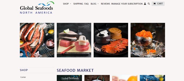 This screenshot of the home page for Global Seafoods has a gray background, black text in the navigation section, a logo in black, blue, and green in the upper right, and a main section with rows of photos showing crab, fish, smoked salmon, caviar, and other products.