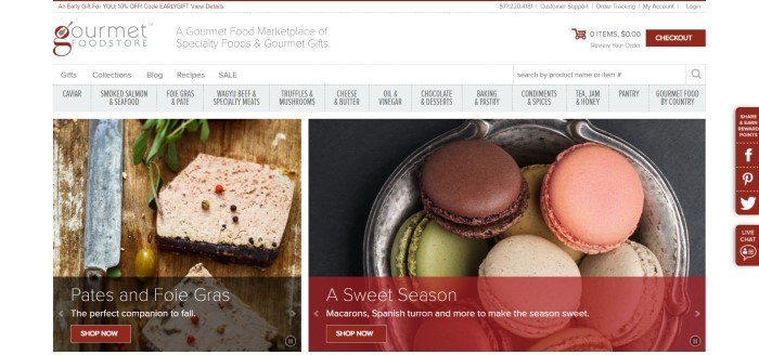 This screenshot of the home page for Gourmet Food Store has a white header with black text and burgundy elements, a gray navigation bar, and two large product photos showing pate on the left side of the page and a variety of macaroons on the right side of the page, both with burgundy call to action buttons.