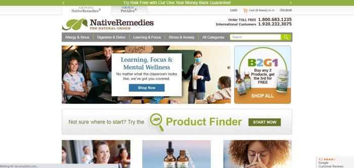 This screenshot of the home page for Native Remedies has a green header, a white header section with a green and brown logo, a gray navigation bar with white text, and a diagonally-combined photo showing smiling children on the left side and a classroom with children and a teacher in masks in a classroom on the right side, as well as a sales announcement on the far right side of the page and a white and blue text section with a blue call to action button overlaying the photos on the left side of the page, and a product finder below the main section.