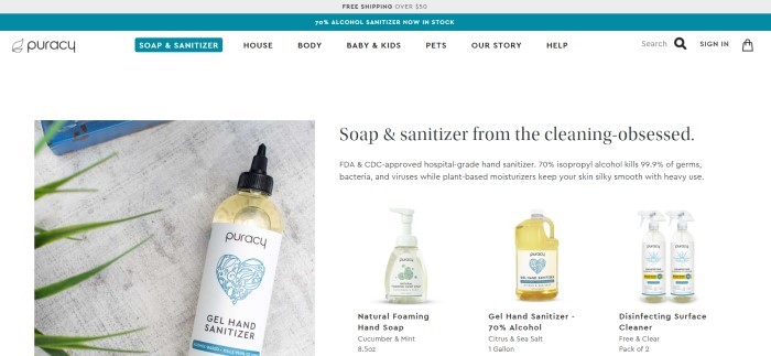 This screenshot of the home page for Puracy has a gray and teal header, a white navigation bar with black text and teal elements, and a white main section with a photo of gel hand sanitizer on the left side of the page, along with black text and small product photos on the right side of the page.