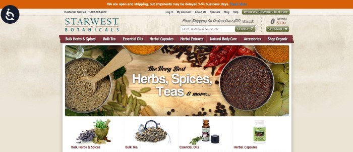 This screenshot of the home page for Starwest Botanicals has an orange header, a main section with a tan background, a burgundy navigation bar with white text, an overhead photo showing open canisters of loose herbs and teas, along with black and white text, and a row of product categories with photos depicting herbs, teas, oils, and capsules at the bottom of the page.