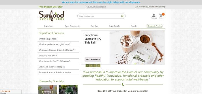 This screenshot of the home page for Sunfood Superfoods has a gray header, a white navigation and search bar, a main section with a background of diagonal gray lines, a list of superfood education topics in a column on the left side of the page, a photo of lattes on the right side of the page, and a white section with green text beneath the photo.