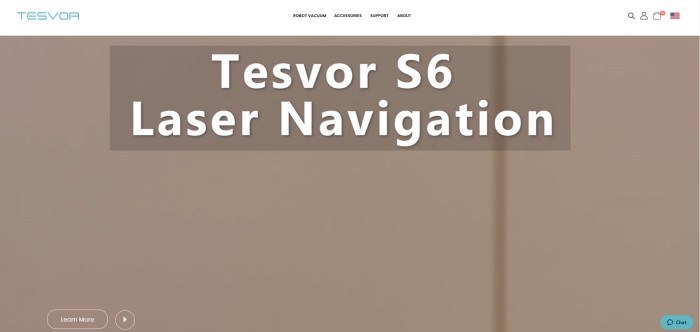 This screenshot of the home page for Tesvor has a white navigation bar with a blue logo above a tan main section with white text and a white and tan call to action button.