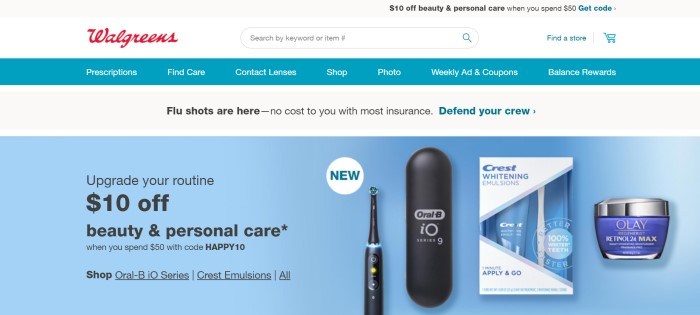 This screenshot of the home page for Walgreens has a gray header, a white search bar, a teal navigation bar with white text, another gray announcement bar, and a blue main section showing photos of products for tooth care on the right side of the page and black text on the left side of the page.