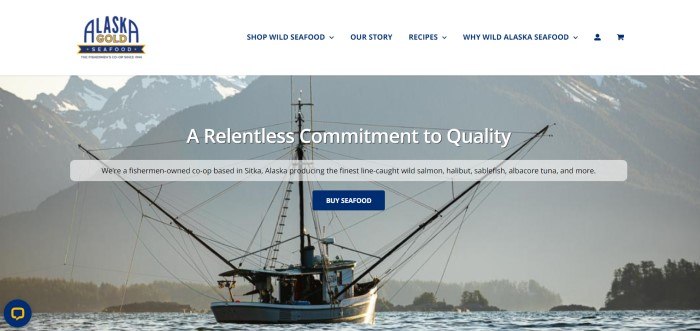 This screenshot of the home page for Alaska Gold Seafood has a white navigation bar with blue text and a blue and gold logo above a large filtered photo of a fishing boat on the water with mountains in the background, behind white and black text and a blue call to action button.