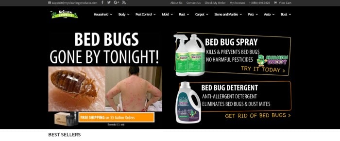 This screenshot of the home page for MyCleaningProducts has a black header, navigation bar, and upper main section with white text and green elements, above two side-by-side photos on the left side of the page of a bed bug and the back of a man with several bug bites, and on the right side of the page, a photo of bed bug spray and bed bug detergent, along with an orange call to action button at the bottom of the page.