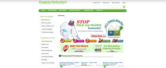 This screenshot of the home page for Property Perfections has a light gray header, a white main background text in black, green, and white, a green navigation bar, a list of categories along the left side of the page, a photo of someone in a white hazard suit in the middle of the page with red, green, and blue text and photos of bottles of mold cleaner, and at the bottom of the page, two green sale boxes with text in red, white, and green and white call to action buttons with red text.