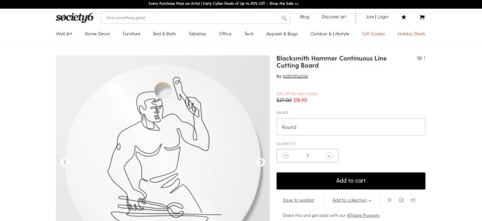 This screenshot of a product page for Society 6 has a black header and a white main section with black text, including a photo showing a continuous line drawing of a blacksmith featured on a cutting board on a white background, along with black and red text and an ordering section with a black call to action button on the right side of the page.