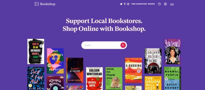 This screenshot of the home page for Bookshop has a blue background with white text and a white search bar, along with several book covers in many colors.