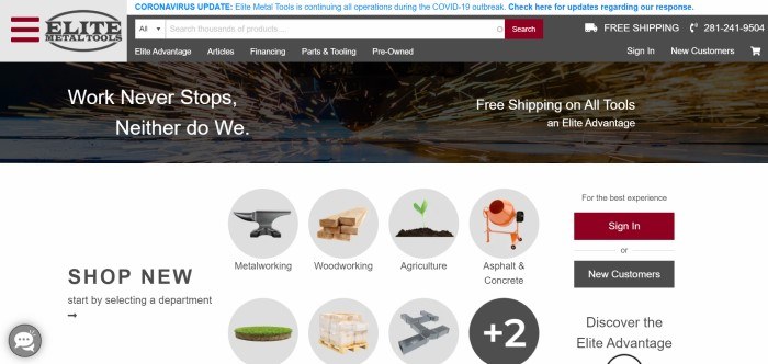 This screenshot of the home page for Elite Metal Tools has a gray, black, and red logo in the upper left corner with a gray and red search and navigation bar above an announcement section with white text overlaying a filtered photo of sparks flying from metal work and a white section with two rows of circular images representing shopping categories, including one with an anvil to represent metalworking.