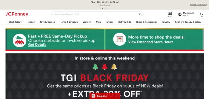 This screenshot of the home page for JCPenney has a gray header, a white navigation bar with a red logo, a green and red announcement section, and a black main section with white text and Christmas elements in red, green, and gold.