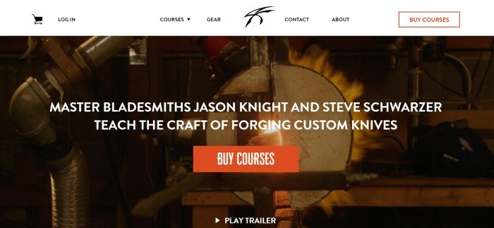 This screenshot of the home page for Knight Forge Studio has a white navigation bar above a photo of a fiery forge behind white text and a red call to action button.