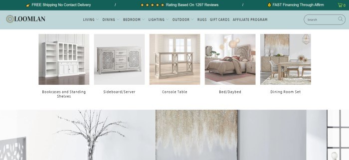 This screenshot of the home page for Loomlan has a dark green header, a lighter green navigation bar, and a white main section with several photos of light colored furniture in white rooms.