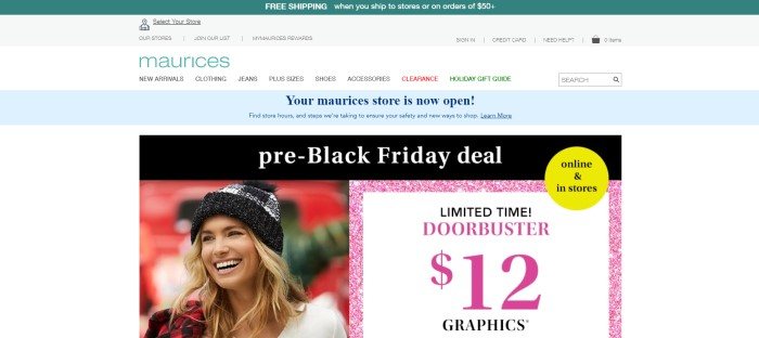 This screenshot of the home page for Maurices has a green header, a white navigation bar, a light blue announcement bar, and a white background with a black announcement section containing white text, a photo of a smiling blonde woman in a black and white beanie on the left side of the page, and a pink and white sales announcement on the right side of the page.