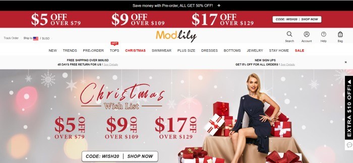 This screenshot of the home page for Modlily has a black and red header with white text, a white background, black and red text in the navigation bar, and a main section with a photo of a smiling blonde woman in a black dress sitting on a pile of white, red, and gold presents, along with red and white text and a white call to action button.