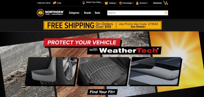 This screenshot of the home page for Northern Tool has a black header and navigation bar with white and black text and several yellow icons and an announcement section, as well as a search bar above a collage of photos showing tire tracks in ice and mud, tires, and other vehicle related photos with red and black announcement sections with white and red text.