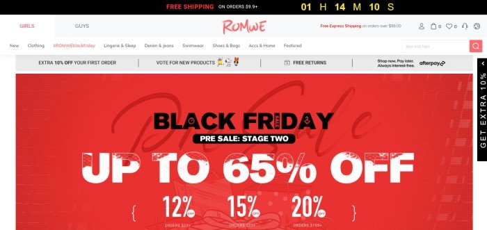 This screenshot of the home page for Romwe has a black header, a white navigation bar, a gray announcement section, and a large red main section with black and white text announcing a black Friday sale.