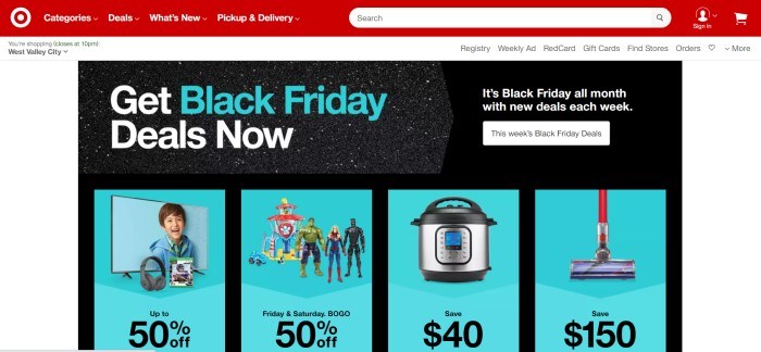 This screenshot of the home page for Target has a red navigation bar and search bar with white text, a white background, and a black main section with text in white and blue, as well as four blue sections showing products on sale with black text depicting the discounts.