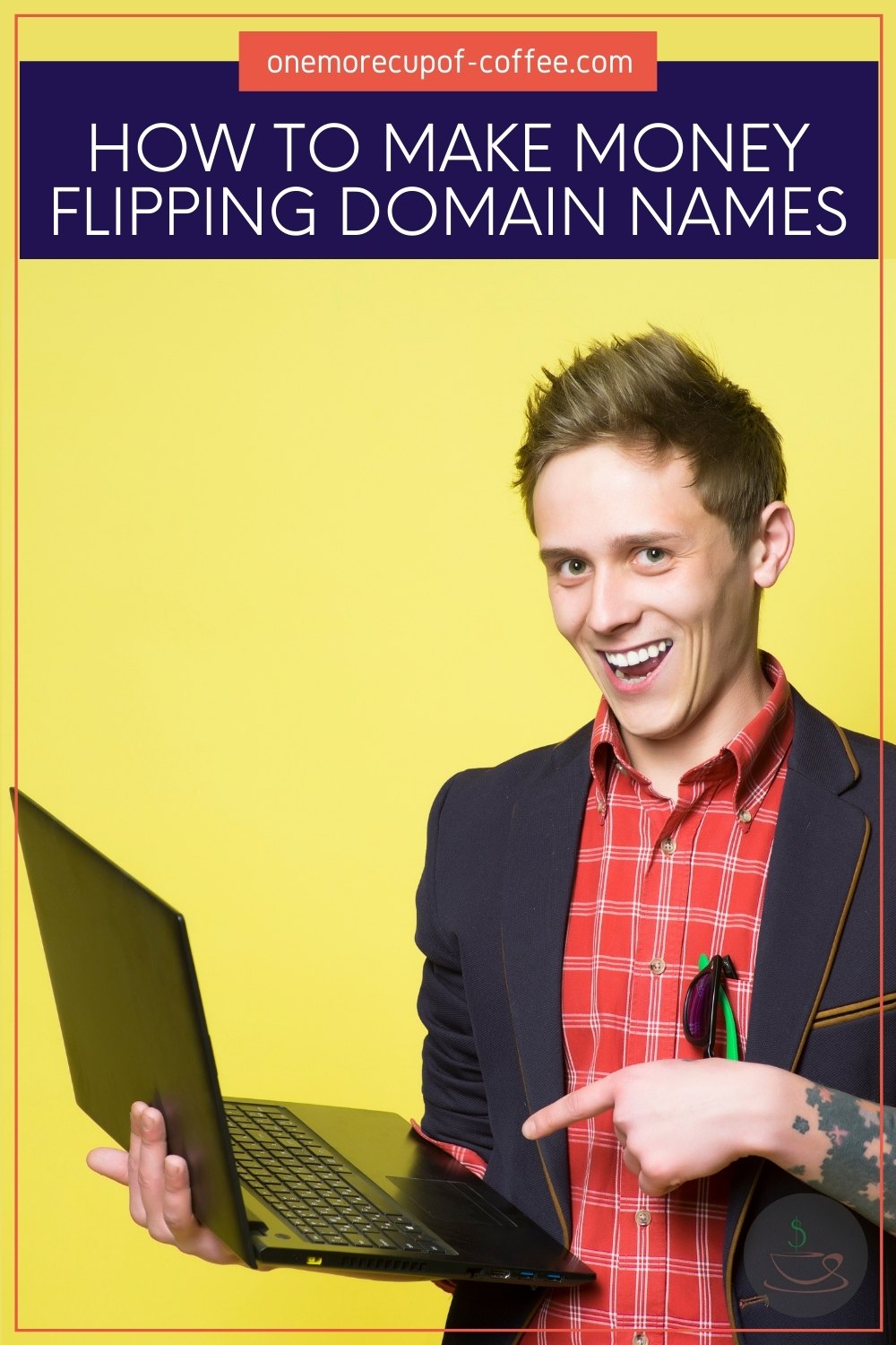 smiling man wearing a red shirt and blue jacket, pointing to the laptop he's holding, with text overlay on a dark blue banner 