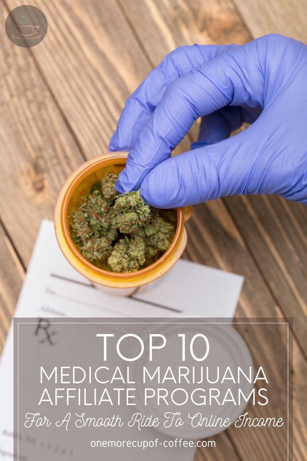 top view image of medical marijuana in a yellow plastic container, on top of a prescription paper, with partial view of a a hand with blue medical gloves, "Top 10 Medical Marijuana Affiliate Programs For A Smooth Ride To Online Income"