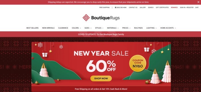 This screenshot of the home page for Boutique Rugs has a red header, a white navigation bar with black text, a red announcement bar, and a main section with graphics including a black and red knit background and a red, white, and green sales graphic with white text and a yellow call to action button.