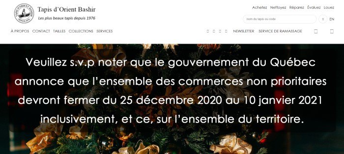 This screenshot of the home page for Bashir Persian Rugs has a white header above a dark filtered photo of pine branches and Christmas decorations behind white text, with all the text on the page showing up in French.