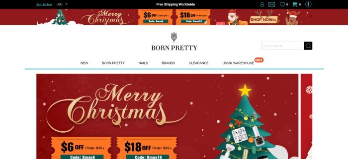 This screenshot of the home page for Born Pretty has a black header, a red graphic sales announcement with green, gold, and orange accents, and a white main section with a red graphic sales insert that includes graphics of a Christmas tree, snowflakes, and orange carnival-style tickets, along with gold text.