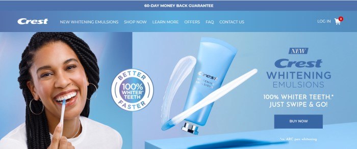 This screenshot of the home page for Crest has a dark blue header, a lighter blue navigation bar with white text, and a split main section in blue with a photo of a smiling dark-haired woman using a whitening pen on the left side of the page and a product photo with dark blue text on the right side of the page, behind a white graphic and white text.