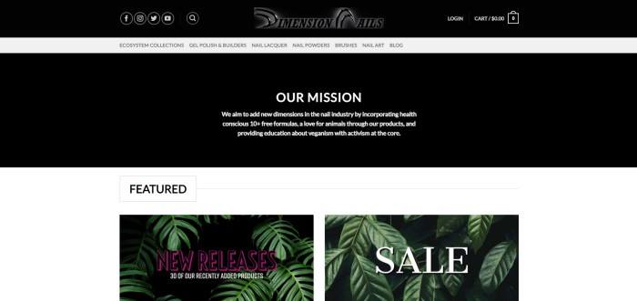 This screenshot of the home page for Dimension Nails has a black header, a white navigation bar, and a black main section with white text above a white featured section with two photos of green plants behind white, black, and pink text links.