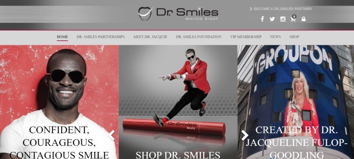 This screenshot of the home page for Dr. Smiles has a gray header and navigation bar above a row of three photos showing a dark skinned man with a brilliant white smile, wearing a white shirt, standing in front of a red background on the left side of the page, a dancing man with sunglasses, a red jacket, and a white smile in the center section of the page, and a photo of the orthodontist who created the Dr. Smiles whitening materials on the right side of the page, with text in black and white throughout the page.