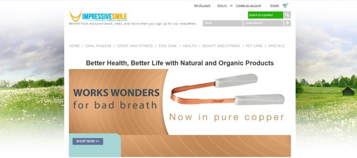 This screenshot of the home page for Impressive Smile has a white main section overlaying a photo of a rural summer setting, with gray, black, and brown text in the main section, along with a product photo and a brown graphic text section with black text and a blue call to action button.