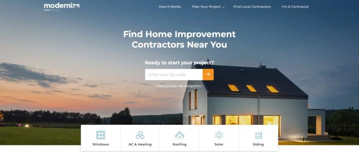 This screenshot of the home page for Moderinize shows a small modern home against farmland at sunset, behind white text and a white and orange quote search window.