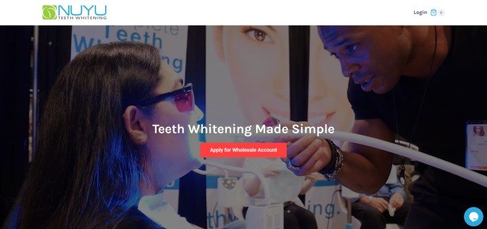 This screenshot of the home page for Nuyu has a white header with a blue and green logo above a photo of a woman getting a teeth whitening treatment in a clinical setting, behind white text and an orange call to action button.