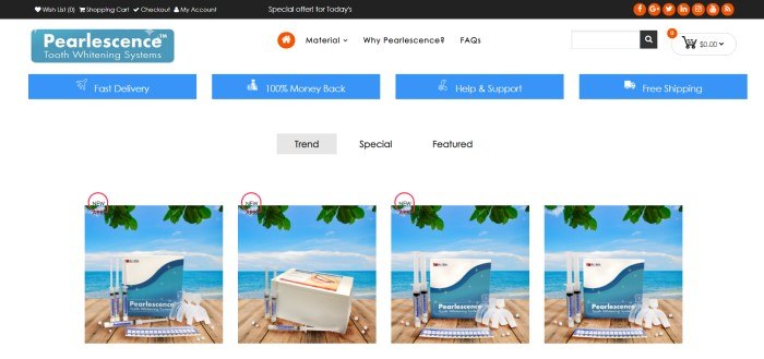 This screenshot of the home page for Pearlescence Teeth Whitening has a black header, a white navigation bar, a secondary navigation bar with a row of blue buttons containing white text and white icons, a third white navigation bar with black text, and a row of product photos against seascape backgrounds.