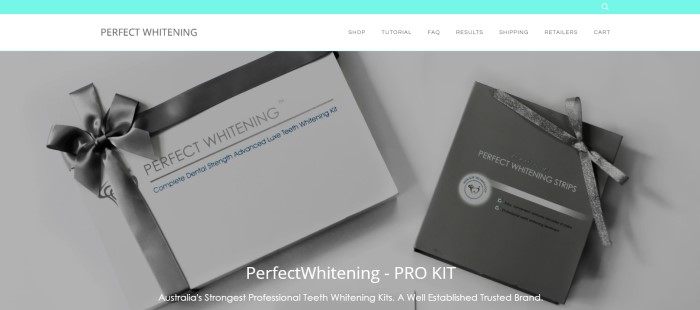 This screenshot of the home page for Perfect Whitening Teeth has a green header, a white navigation bar, and a black and white photo in the main section showing two teeth whitening products behind white text.