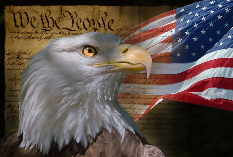 This image shows the head of a bald eagle and an American flag in front of a parchment with the Preamble to the Constitution on it, representing the best political affiliate programs.