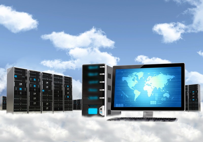 This image shows a blue computer screen with a world map on it, surrounded by servers on a cloud in a blue sky, representing the top ten cloud hosting affiliate programs.