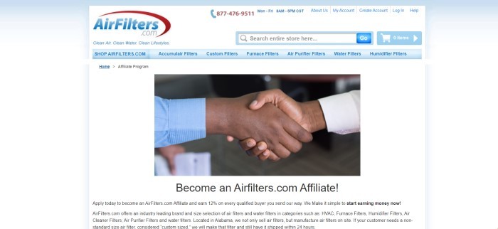 This screenshot of the affiliate webpage for Airfilters.com has a white background, a logo in blue and red, a blue navigation bar, and a photo of two men in business shirts shaking hands above a white section with black text.