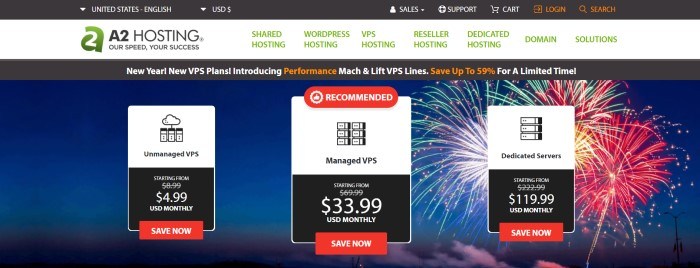 This screenshot of the home page for A2 hosting has a black header, a white navigation bar with green and black text, a black announcement bar with white and orange text, and a blue main section with a row of three white windows that include black text and icons with red call to action buttons, overlaying fireworks graphics on the right side of the page.