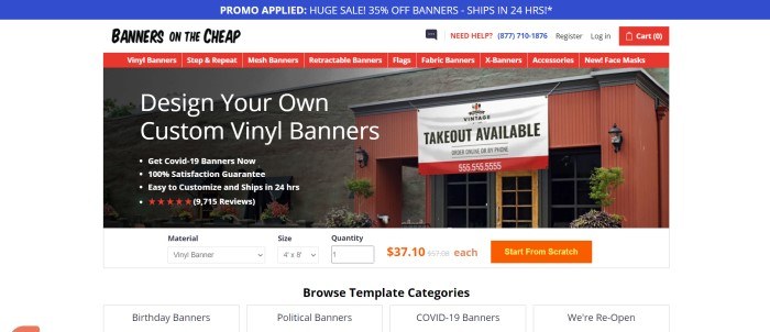 This screenshot for the home page of Banners On The Cheap has a blue header, a white background in the main section, an orange navigation bar with white text, and a photo of a gray and orange storefront with a white and orange banner hanging across the doors, along with white text on the left side of the photo.