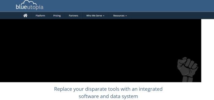 This screenshot of the home page for BlueUtopia has a blue header, a darker blue navigation bar with white text, a black main section with a gray graphic fist in the lower right corner, and a white section with dark text at the bottom of the page.