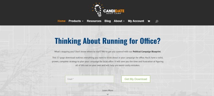 This screenshot of the home page for Candidate Boot Camp has a black header with white and orange text above a gray main section with blue and black text and a gray and green opt-in bar.