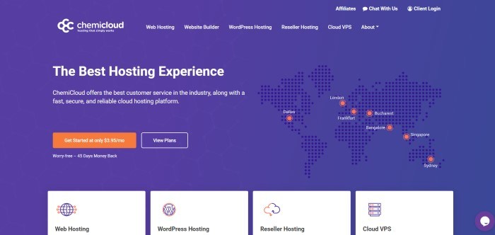 This screenshot of the home page for ChemiCloud has a purple background and white text throughout the page, with a graphic map on the right side of the page that includes orange dots for several global locations and an orange call to action button on the left side of the page.