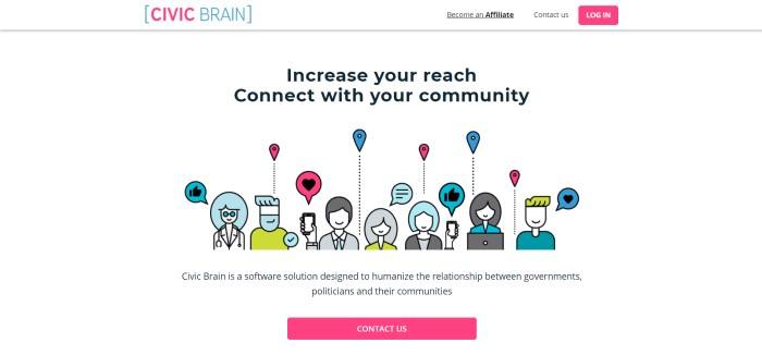 This screenshot of the home page for Civic Brain has a white header and main background, with a pink and blue logo in the upper left corner, black text and multicolored graphics of cartoon people in the main section, and two pink call to action buttons.