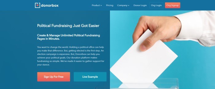 This screenshot of the home page for Donorbox has a medium blue header with white text and an orange call to action button, a blue background in the main section, white text on the left side of the main section, and a photo of a man's hand holding a white envelope on the right side of the page, along with call to action buttons in orange and blue on the left side of the page.