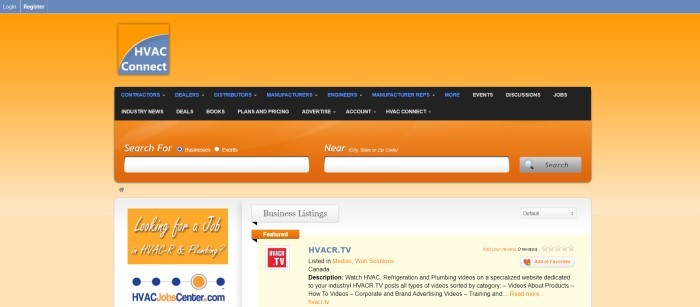 This screenshot of the home page for HVAC Connect has a gray header, an orange background with an orange and gray logo, a black navigation bar with blue and white text, an orange search bar, and a white section with orange features and text in black, blue, and orange.