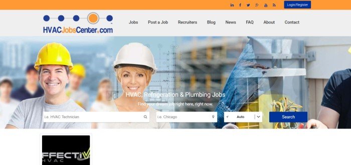 This screenshot of the home page for HVAC Jobs Center has an orange header, a white navigation bar with black text, an orange and blue logo, and a large photo showing a smiling man and smiling woman in hard hats in front of several blurry HVAC elements, along with white text and a row of white and blue navigation buttons.