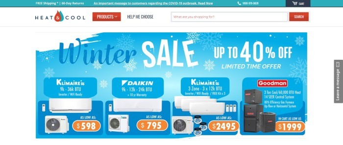 This screenshot of the home page for Heat And Cool has a teal header, a white background and navigation bar with a red tab marker, and a blue and white graphic main section featuring white and blue text, snowflakes, and product photos with orange price markers on them.