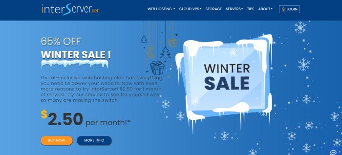 This screenshot of the home page for InterServer has a dark blue header with white, blue, and orange text above a paler blue main section with white text and black on the left side of the page and graphic elements of snow and Christmas items on the right side of the page, as well as blue and orange call to action buttons.